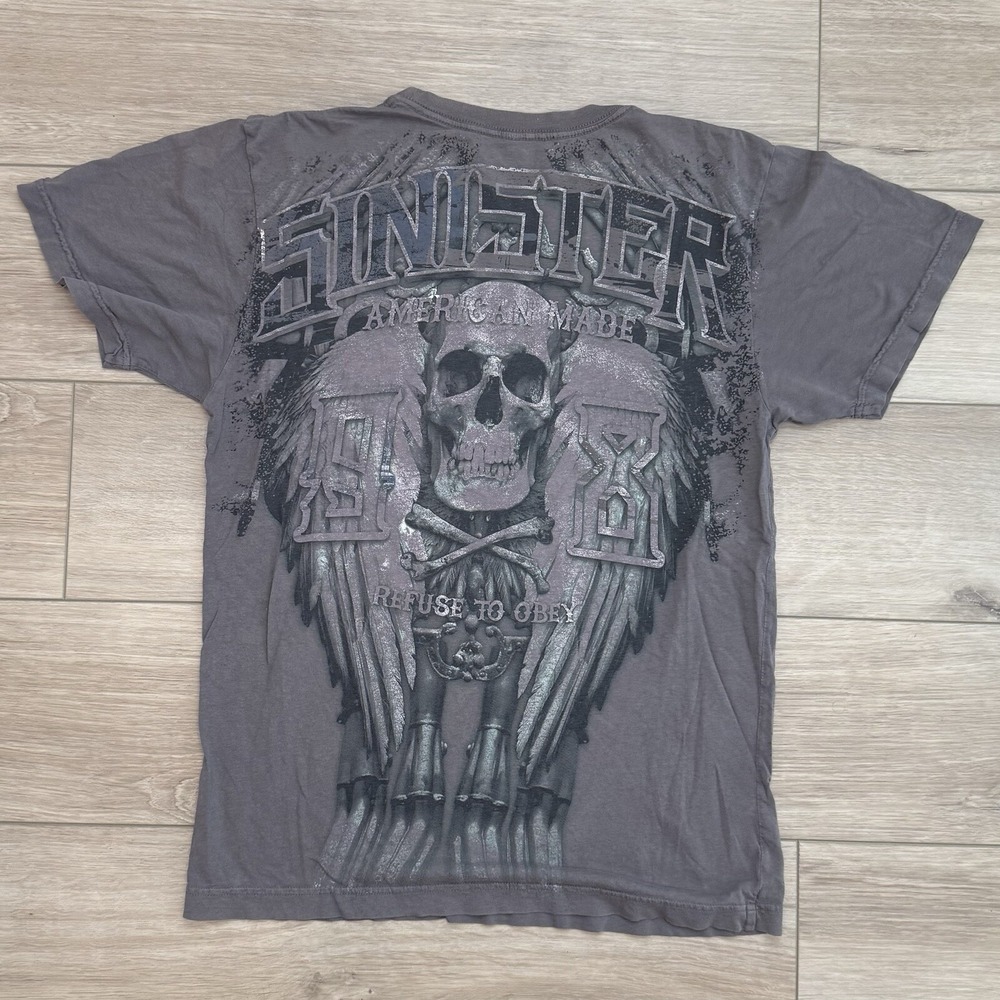 Y2K Sinister T-Shirt Adult Size Medium Skull Wings Grunge Goth Skater Tee 2000s